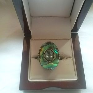 925 Bali silver abalone & aquamarine ring, sz 7.5